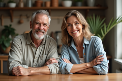 Couple souriant assis à une table de cuisine chaleureuse