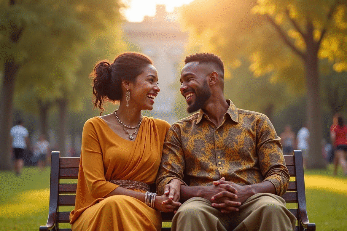 Couple de cultures différentes riant dans un parc ensoleille