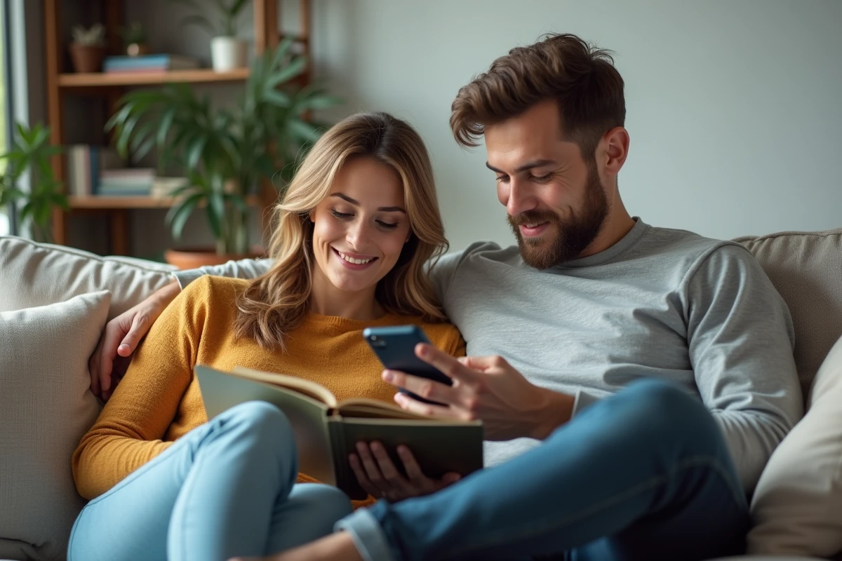 Couple d'adultes relaxes dans un salon moderne