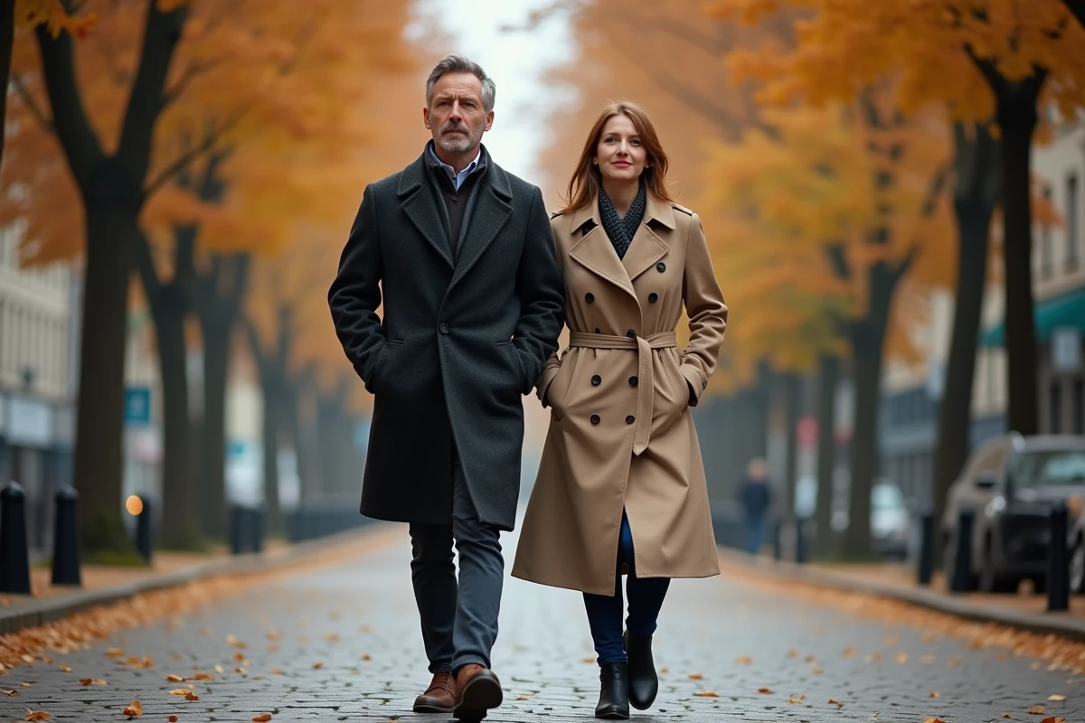 Couple discret marchant côte à côte sur un trottoir parisien en automne, visages naturellement détournés