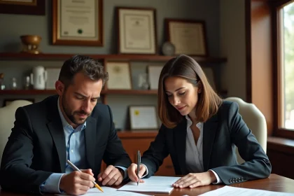 Couple examinant des documents officiels pour un mariage en Albanie dans un bureau administratif