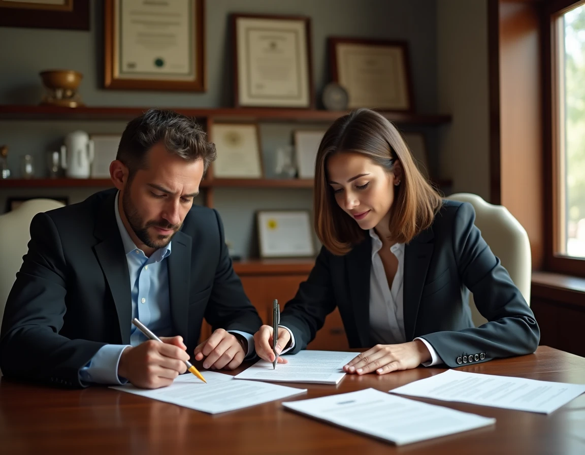 Couple examinant des documents officiels pour un mariage en Albanie dans un bureau administratif