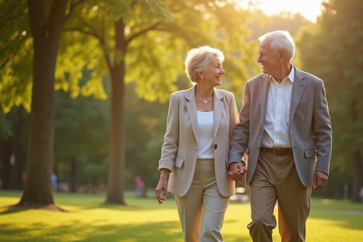 Couple âgé main dans la main dans un parc ensoleille