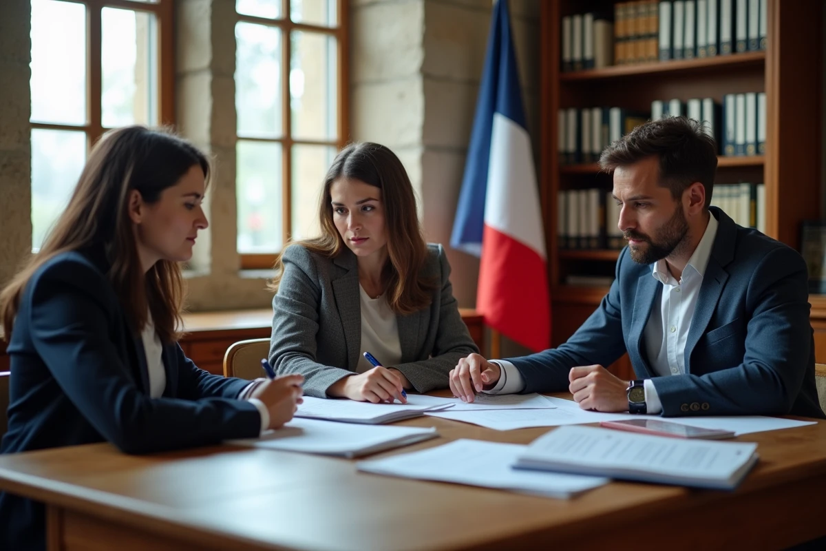 Couple étranger consultant un officier d'état civil dans une mairie française pour la procédure de mariage avec documents officiels sur le bureau
