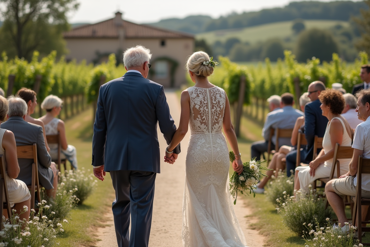 Vieux couple français marchant main dans la main lors d un mariage champêtre