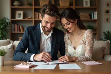 Jeune couple élégant examinant des invitations de mariage