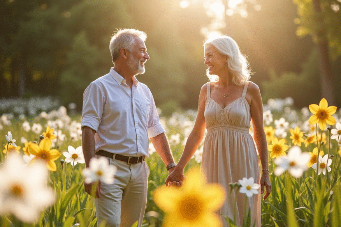 Couple mature souriant dans un jardin ensoleille