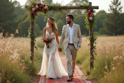 Jeune couple en mariage bohème dans un champ avec arche florale