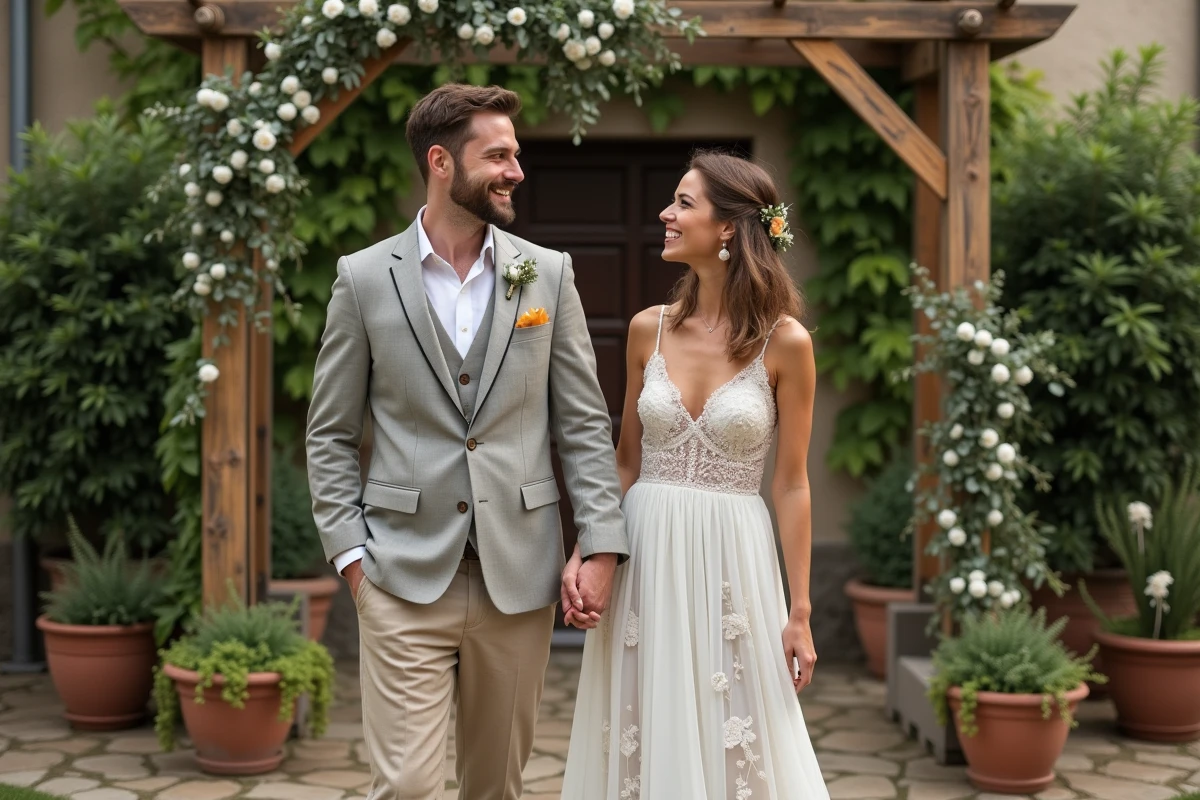 Couple en mariage bohème partageant un rire en extérieur