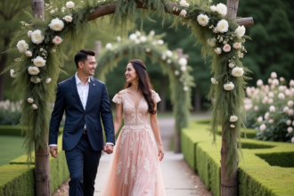 Jeune couple heureux dans un jardin romantique