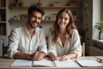 Jeune couple préparant des invitations de mariage à la maison