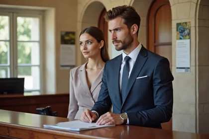 Jeune couple en costume et robe pastel à la mairie