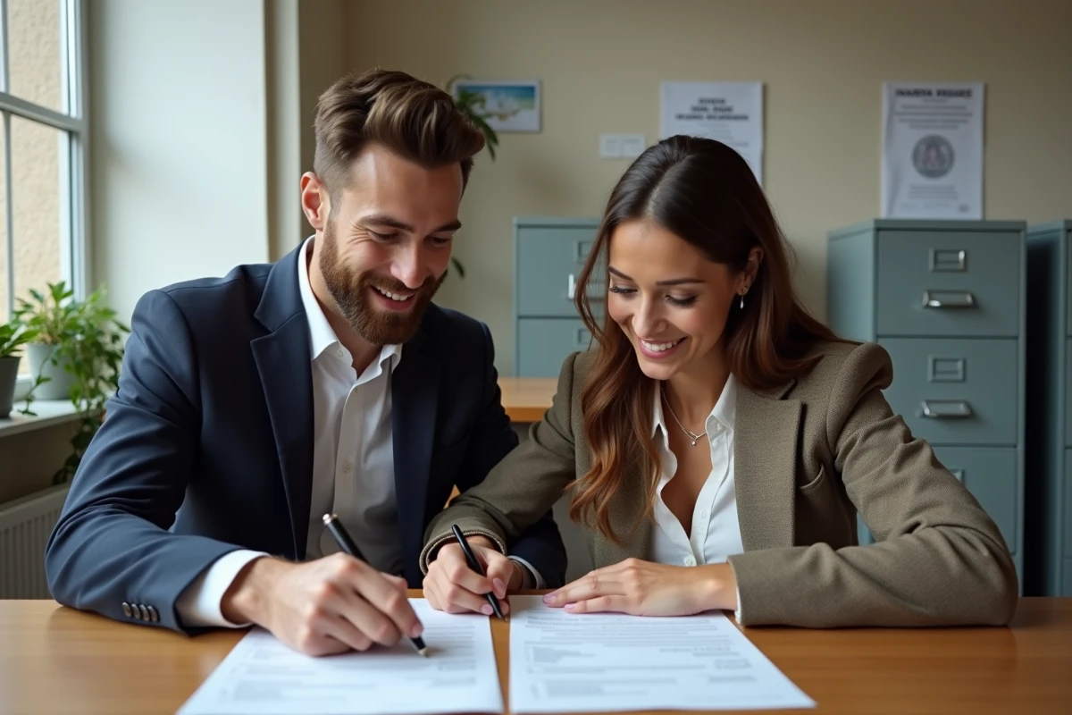 Couple en mairie remplissant papiers de mariage
