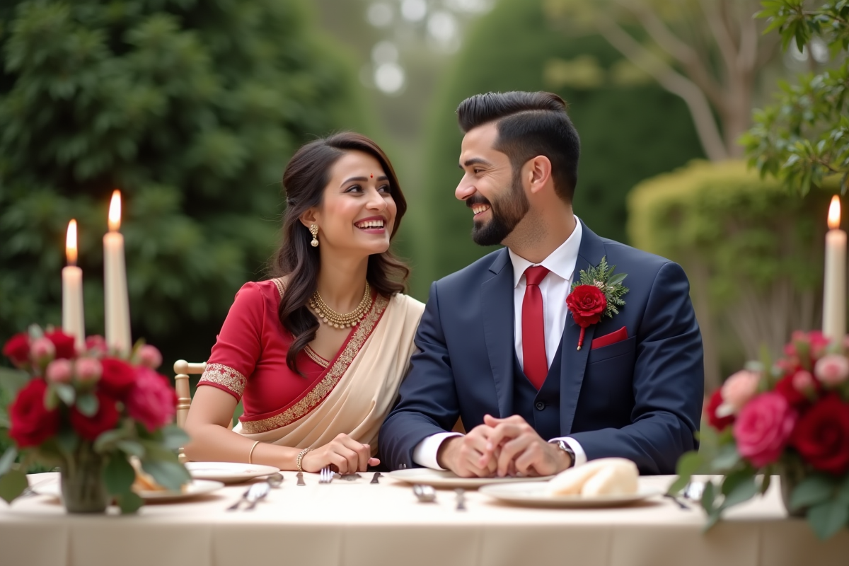 Couple heureux en tenue de mariage dans un jardin
