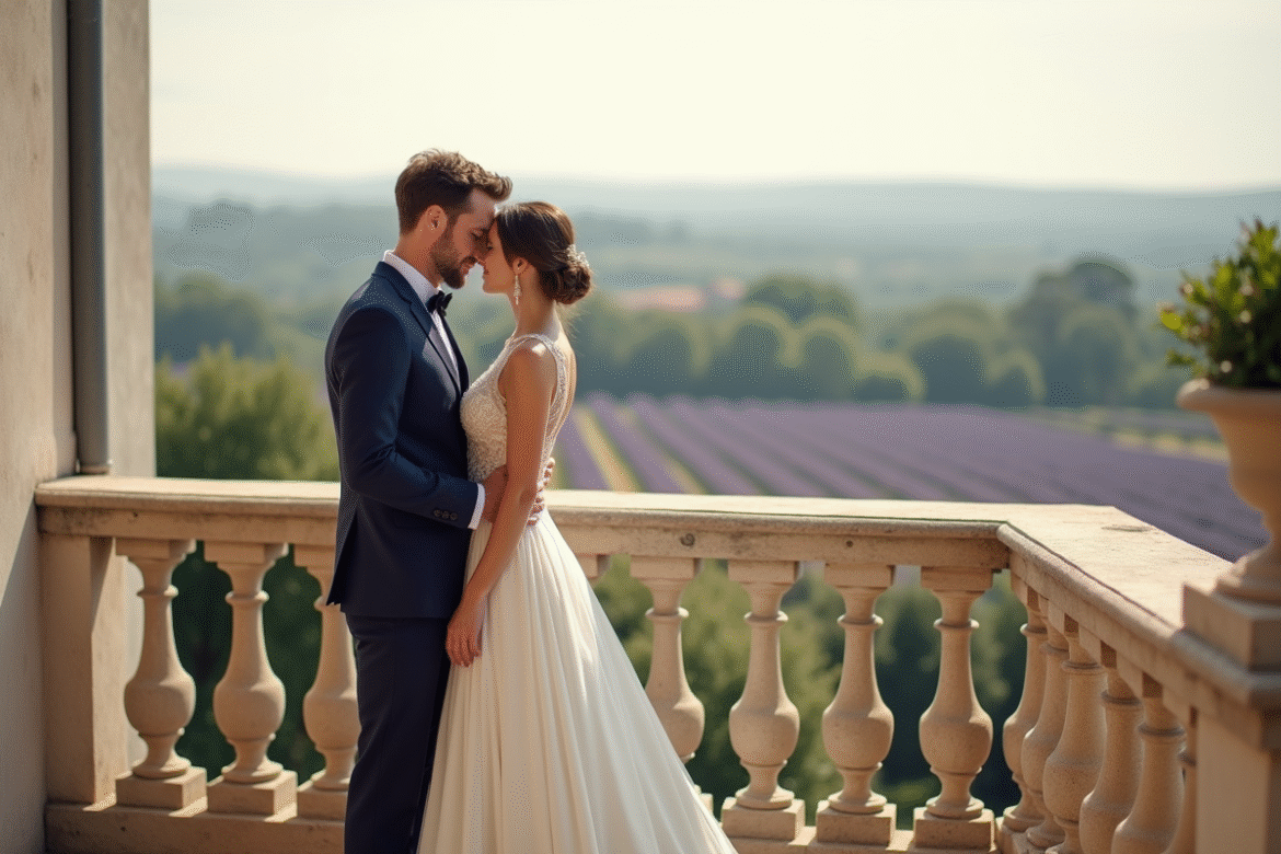 Jeune couple marié sur un balcon en Provence avec lavande