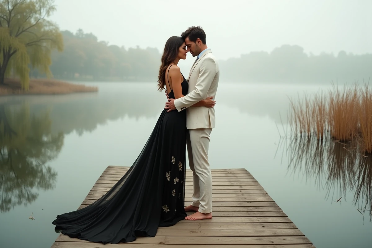 Couple de mariés romantiques au bord d'un lac, mariée en robe noire bohème dos nu et marié en lin ivoire
