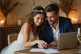 Couple de mariés choisissant la musique de leur diaporama de mariage sur un ordinateur portable lors de la réception