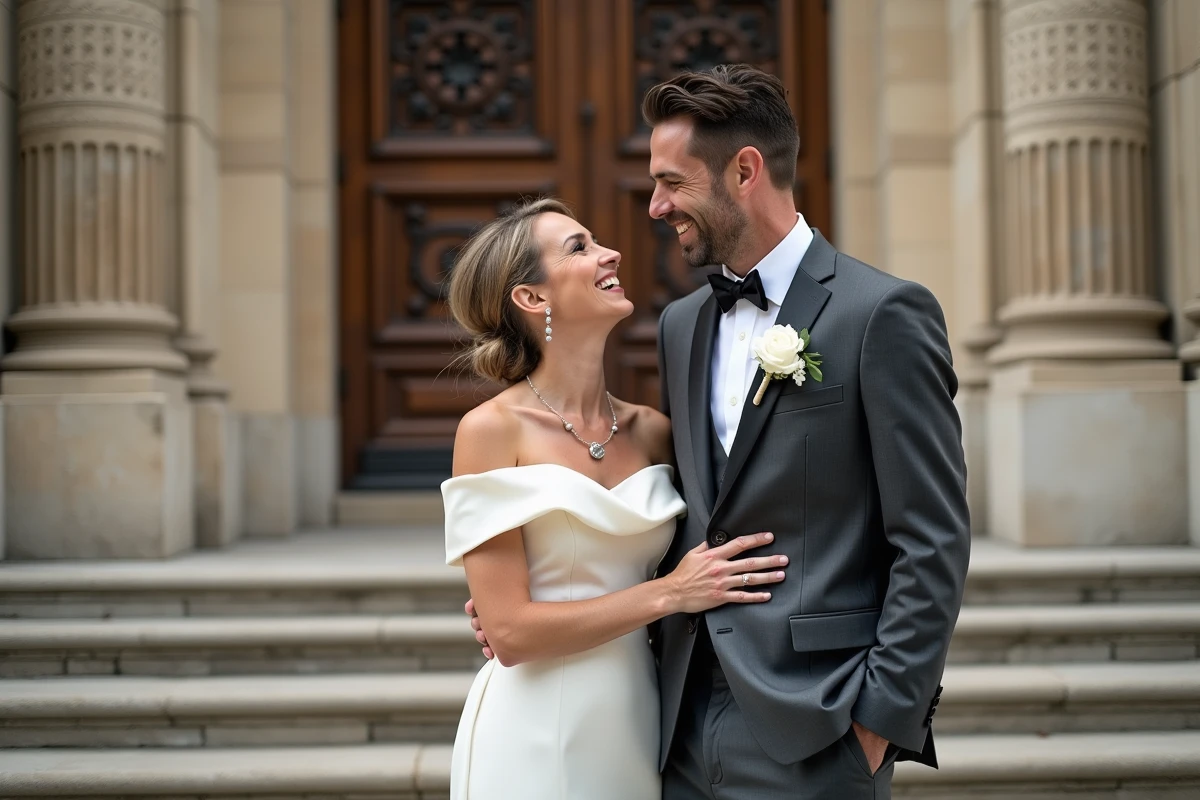 Couple de mariés riant sur les marches d'une mairie française historique, la femme en robe de mariée satin et l'homme en costume gris charbon