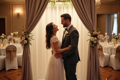 Couple de mariés riant dans un photobooth décoré lors d'une réception de mariage élégante