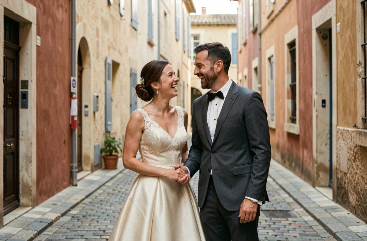 Couple de mariés riant dans une ruelle historique de Montpellier lors d'une séance photo de mariage authentique