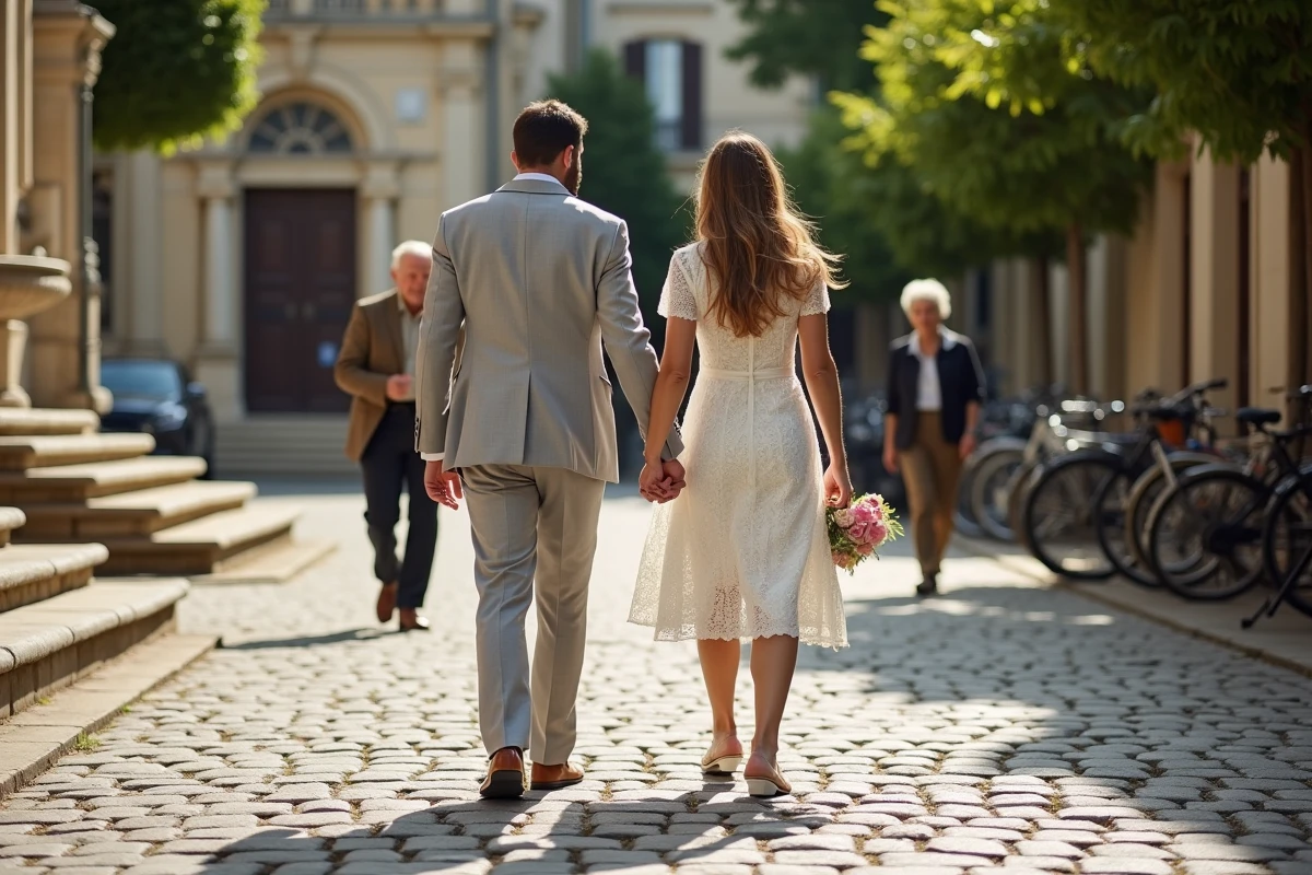 Couple de jeunes mariés quittant la mairie dans un village français, mariage civil en semaine dans une ambiance décontractée et authentique