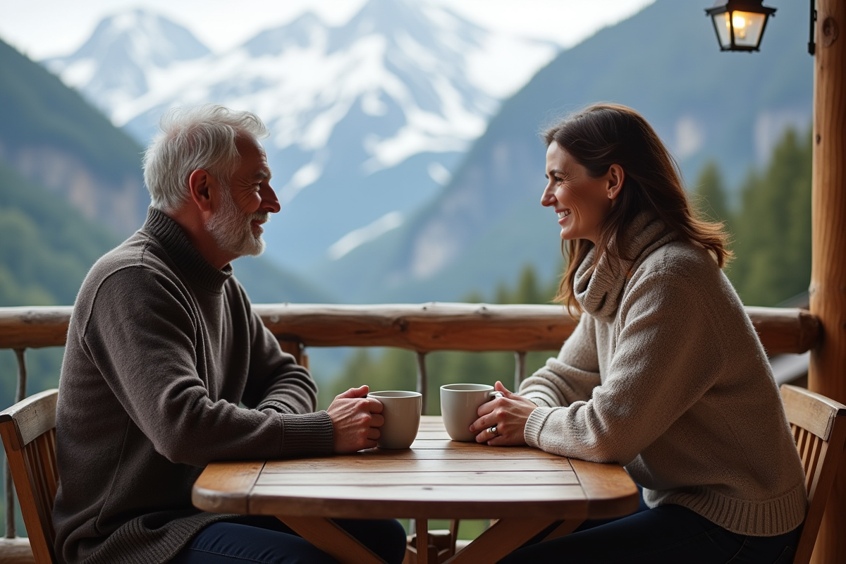 Couple assis à une table en montagne avec vue sur la nature