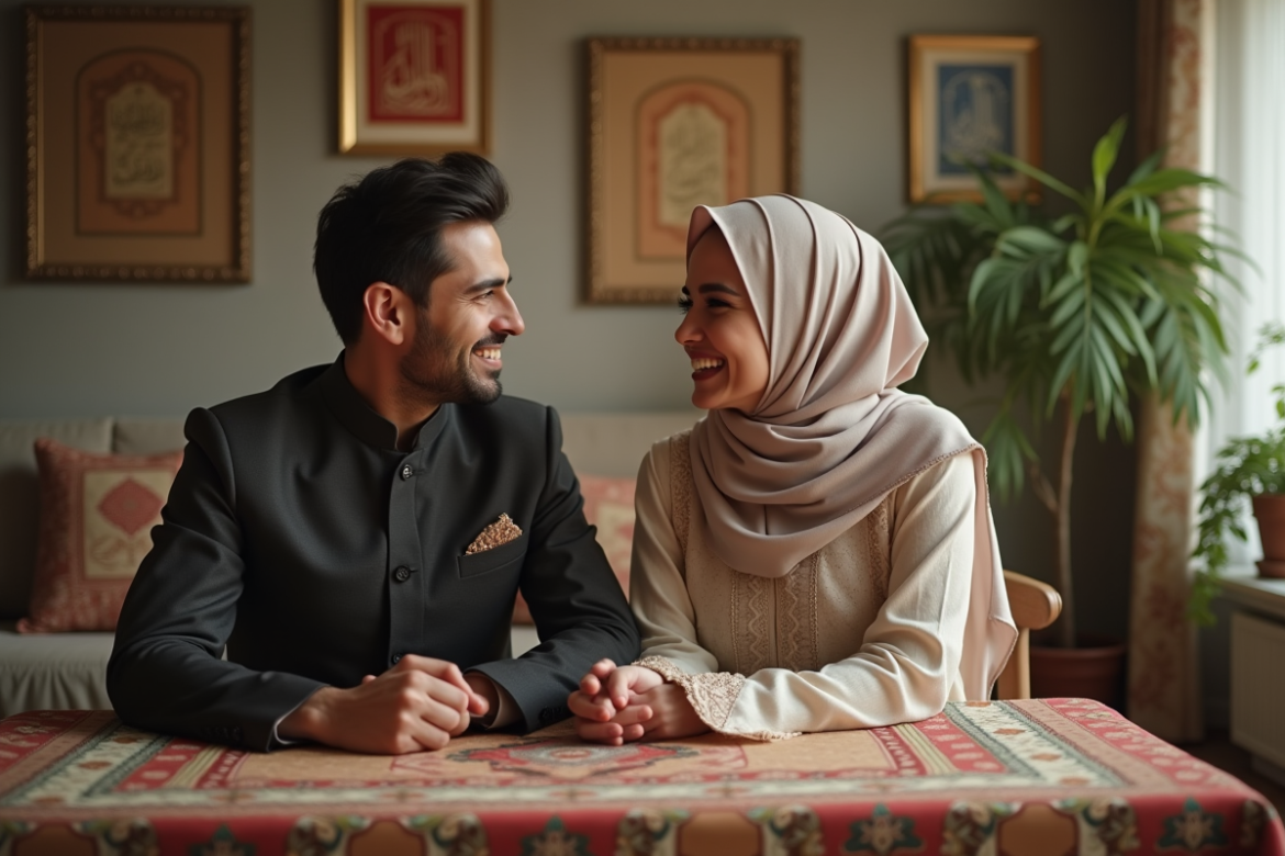 Jeune couple musulman en tenue traditionnelle chaleureuse