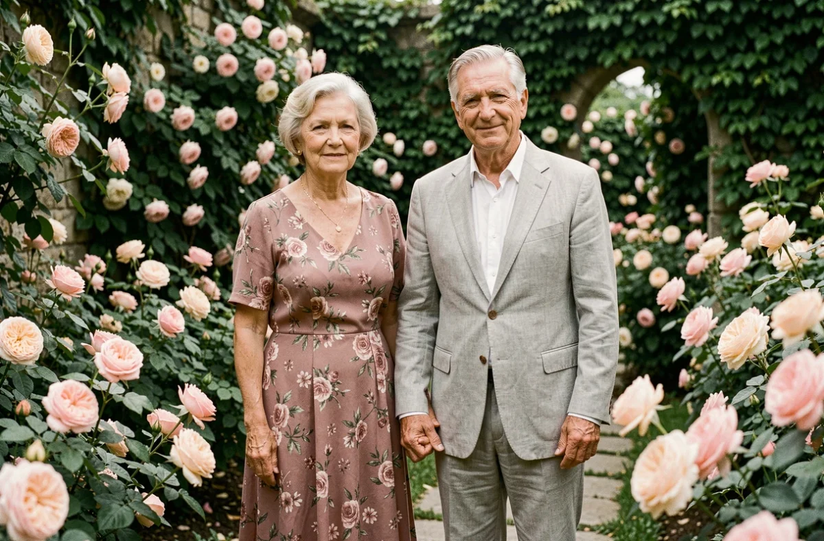 Couple de sexagénaires célébrant leurs noces de diamant dans un jardin fleuri, expression sereine et complice après des décennies de mariage