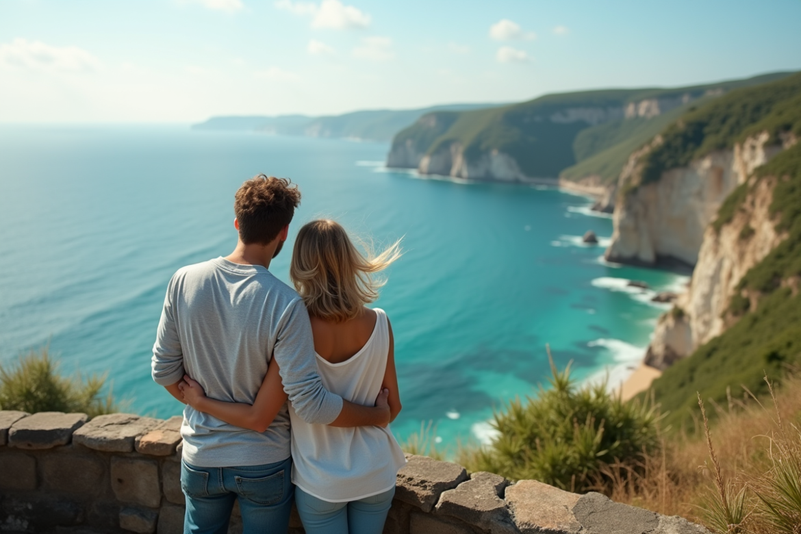 Jeune couple regardant la côte atlantique en amoureux