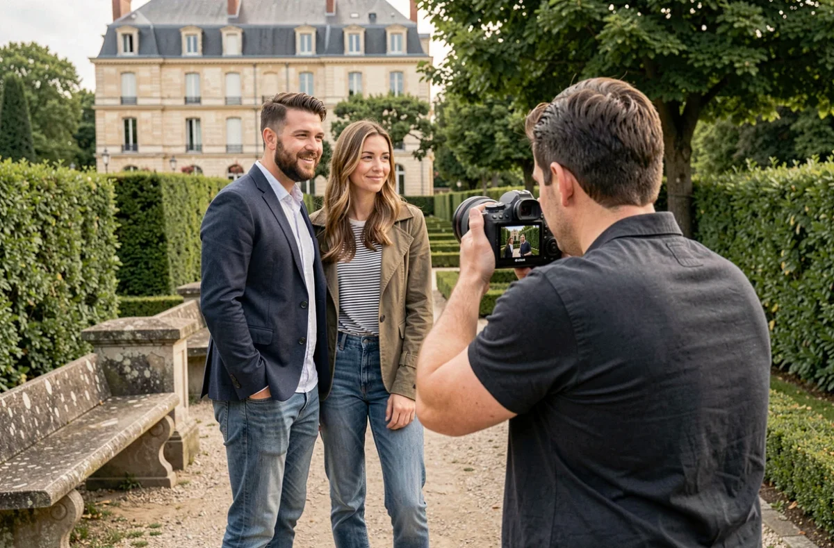 Couple découvrant les photos prises en urgence par leur photographe dans un jardin public à Armentières