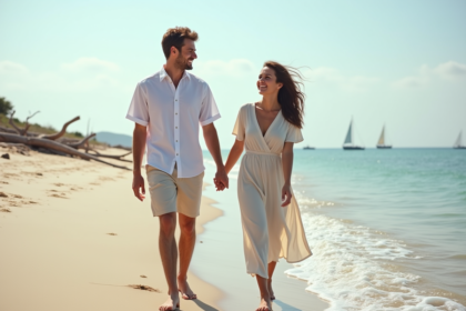 Jeune couple marié marchant sur la plage ensoleillée