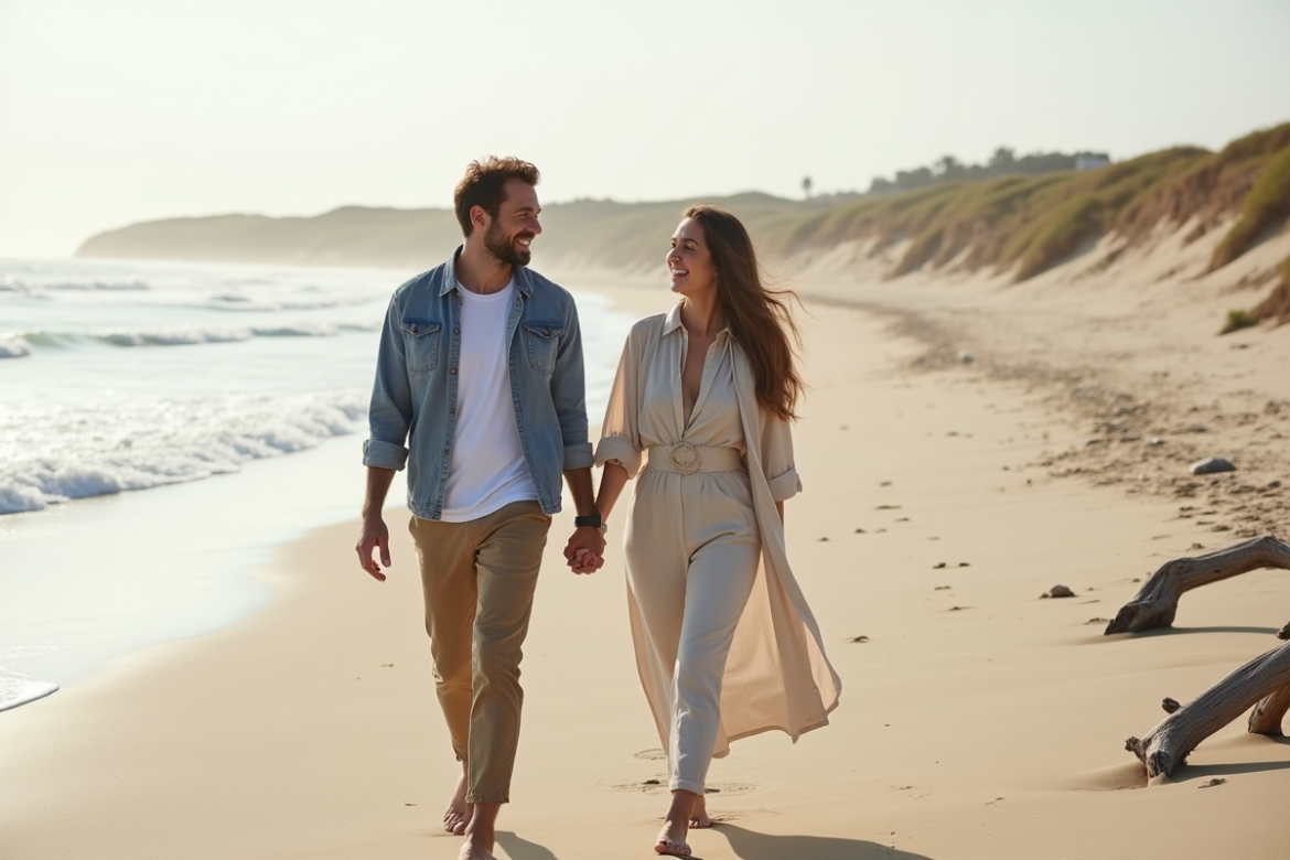 Jeune couple riant sur une plage déserte en bord de mer
