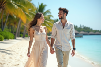 Jeune couple marche sur une plage tropicale en vacances