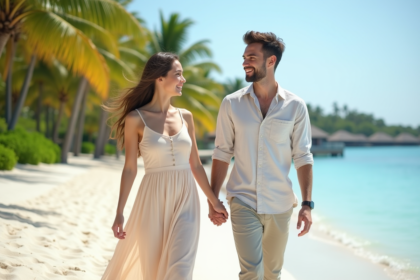 Jeune couple marche sur une plage tropicale en vacances