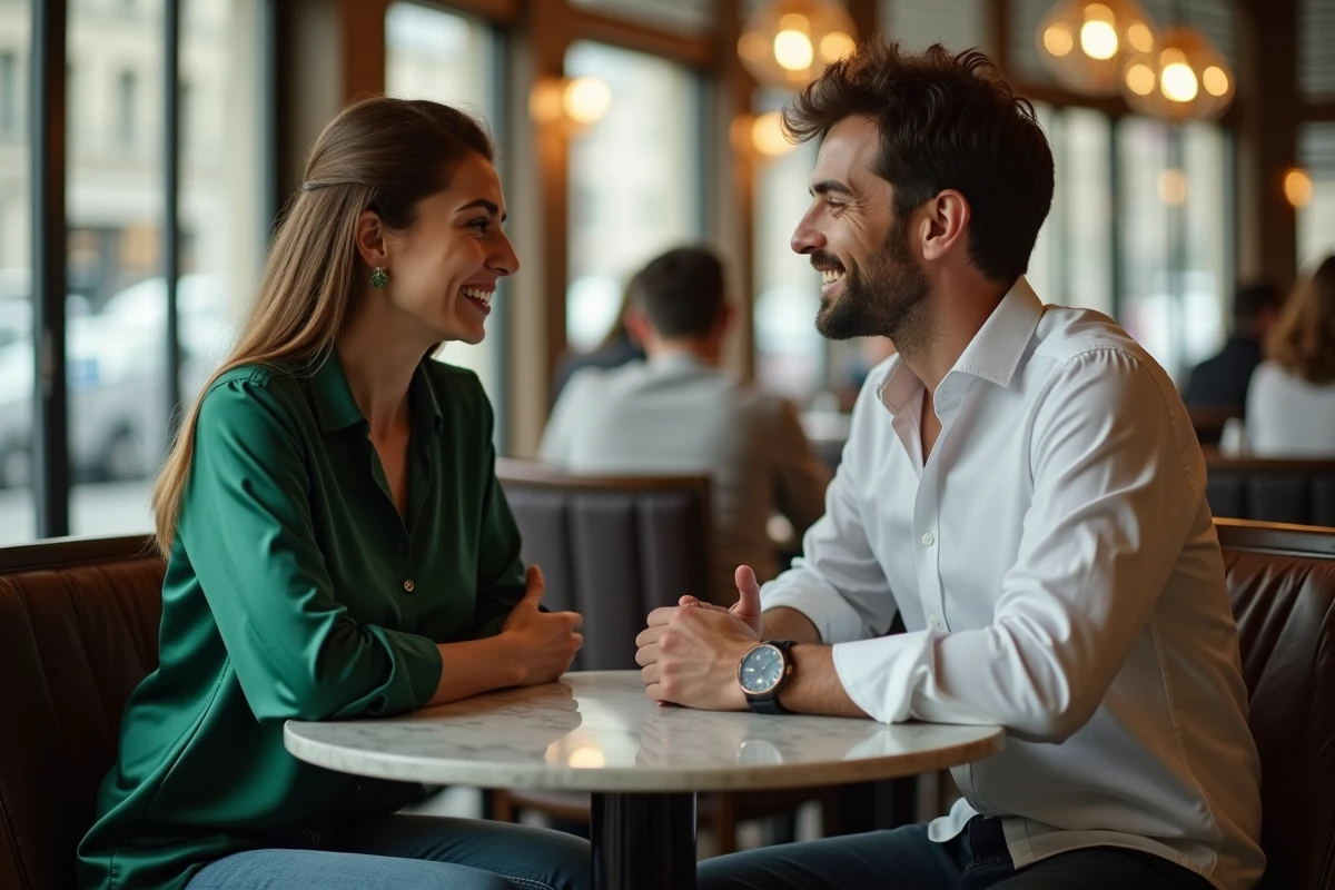 Couple en premier rendez-vous dans un bistro parisien après s'être rencontré sur Bumble Date