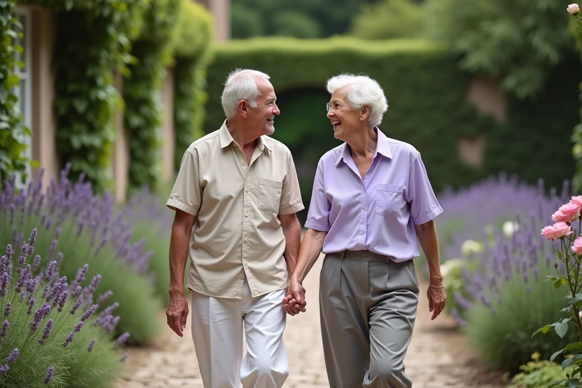 Couple âgé se promenant main dans la main dans un jardin fleuri pour fêter leurs noces d'orchidée après 55 ans de mariage