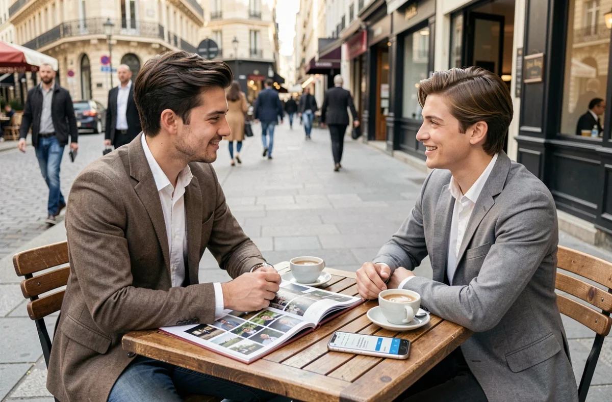 Couple rencontrant un photographe en terrasse de café pour planifier une séance photo