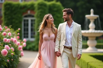 Jeune couple heureux dans un jardin romantique en été