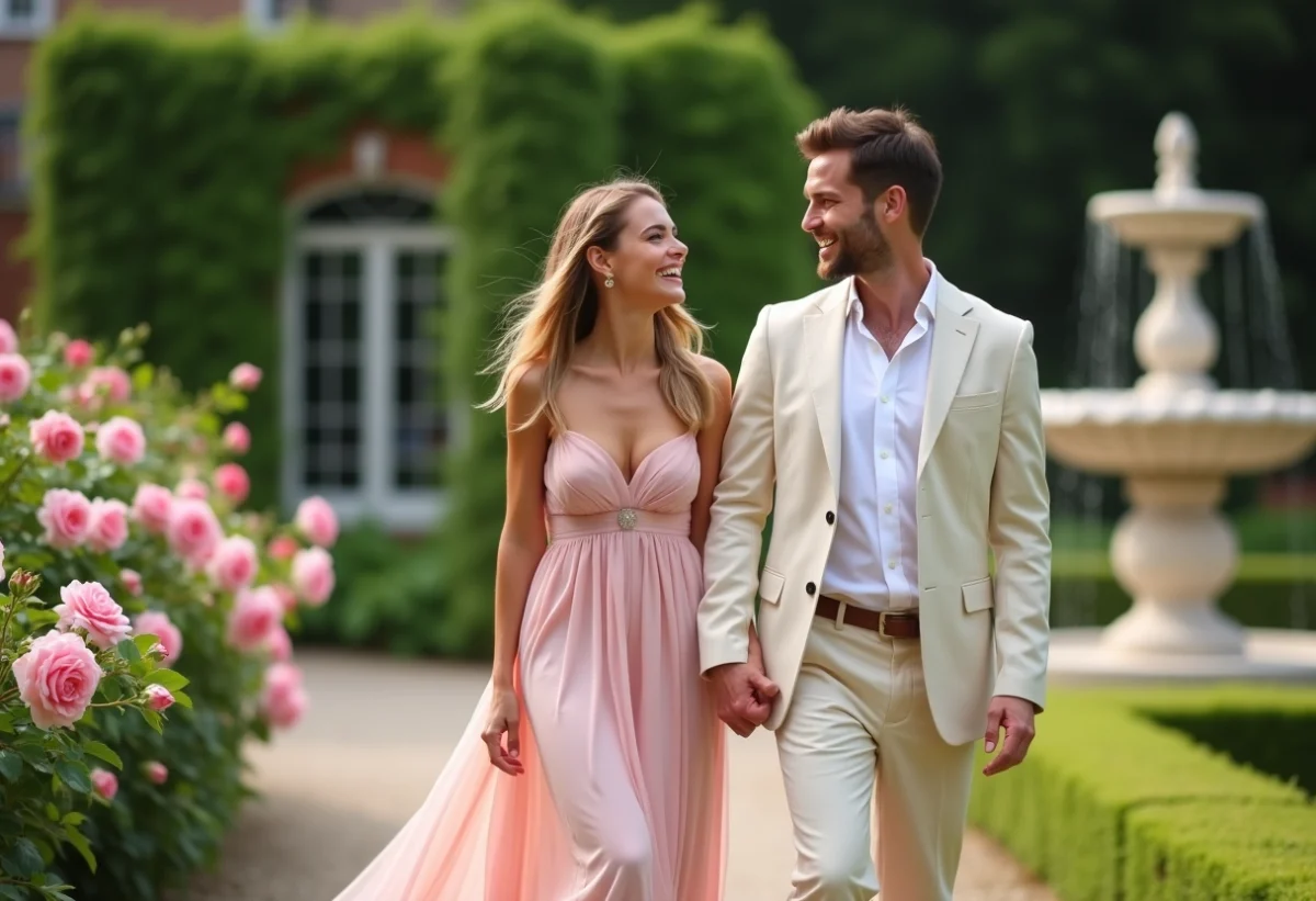 Jeune couple heureux dans un jardin romantique en été
