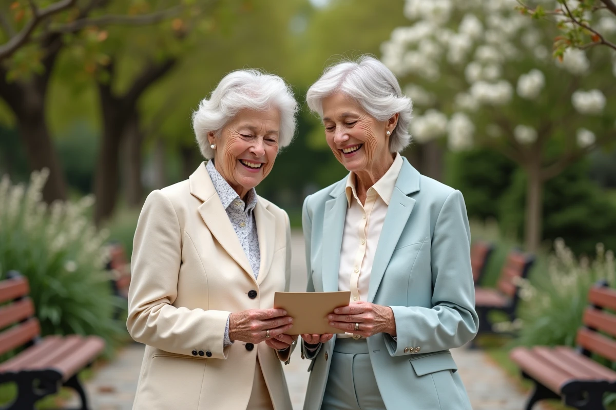 Couple de femmes âgées échangeant des cartes dans un jardin