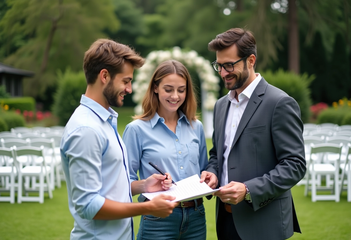 Jeune couple dans un jardin de mariage avec planificateur