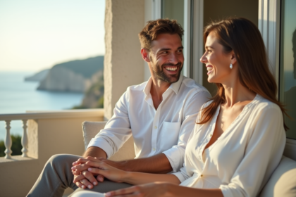 Jeune couple marié riant sur un balcon en bord de mer