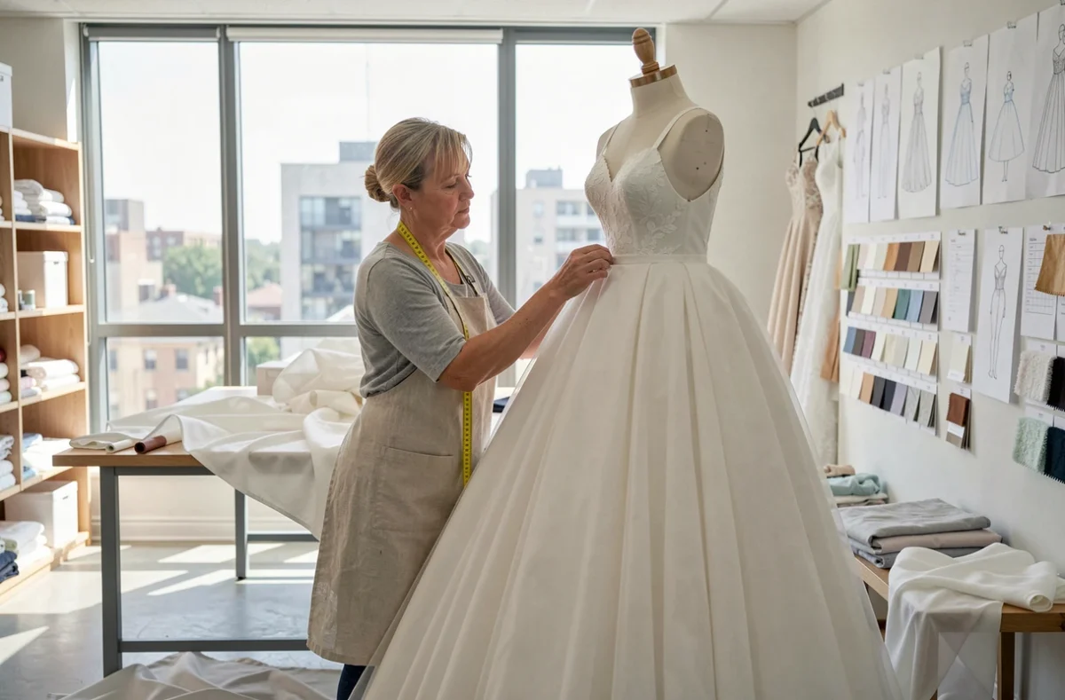 Couturière expérimentée en train d'ajuster la traîne d'une robe de mariée de créateur dans un atelier lumineux
