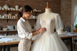 Créatrice de robes de mariée en atelier ajustant les détails en dentelle d'une robe de mariée sur mesure