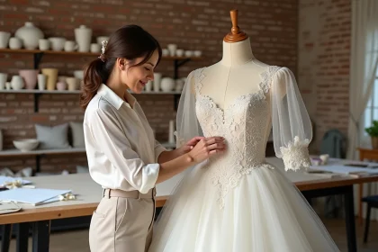 Créatrice de robes de mariée en atelier ajustant les détails en dentelle d'une robe de mariée sur mesure