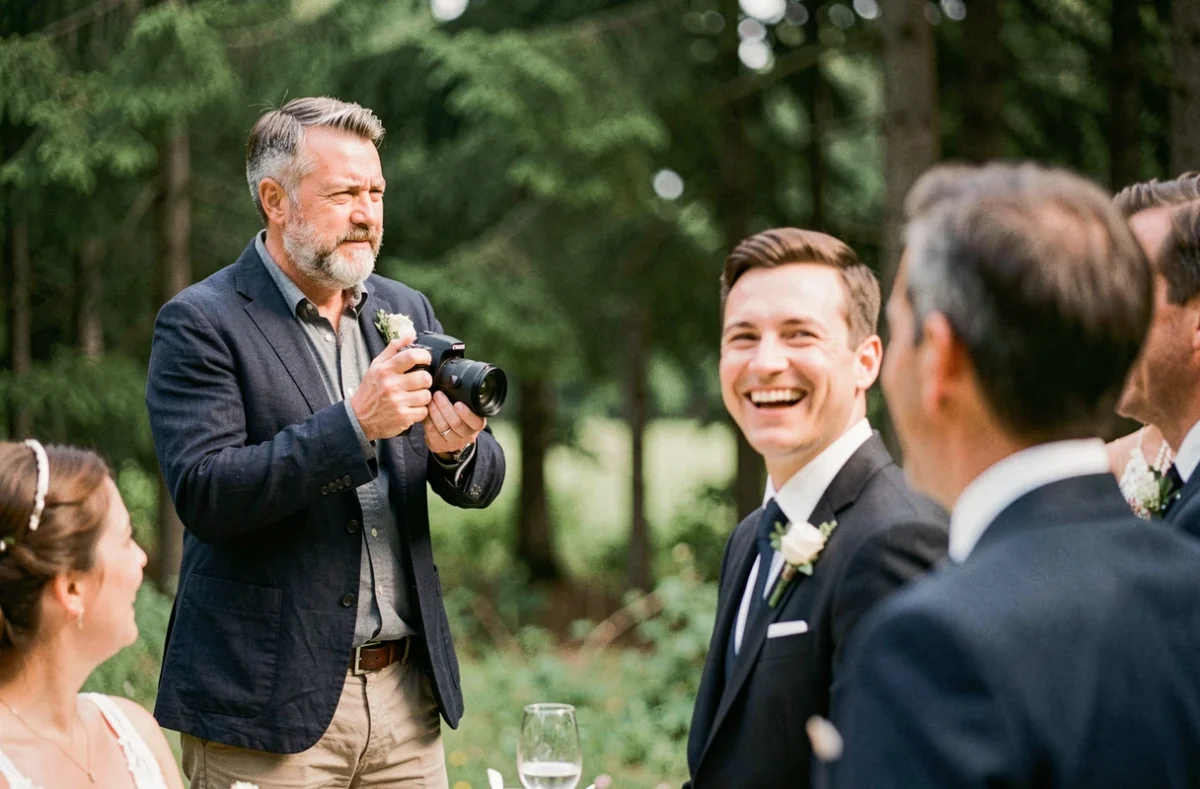 Damien Lorek immortalisant un moment spontané entre invités dans une clairière forestière de Franche-Comté