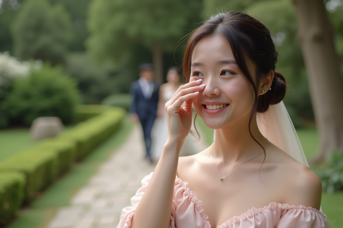 Jeune femme en robe blush pleurant de joie