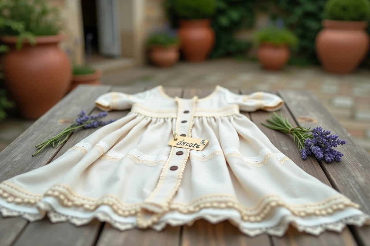 Détail d'une robe de mariée bohème pas chère en dentelle posée sur une table en bois avec étiquette de prix artisanale