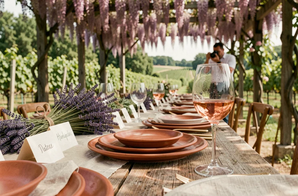 Décoration de table de mariage en plein air dans un domaine viticole près de Montpellier avec un photographe en arrière-plan