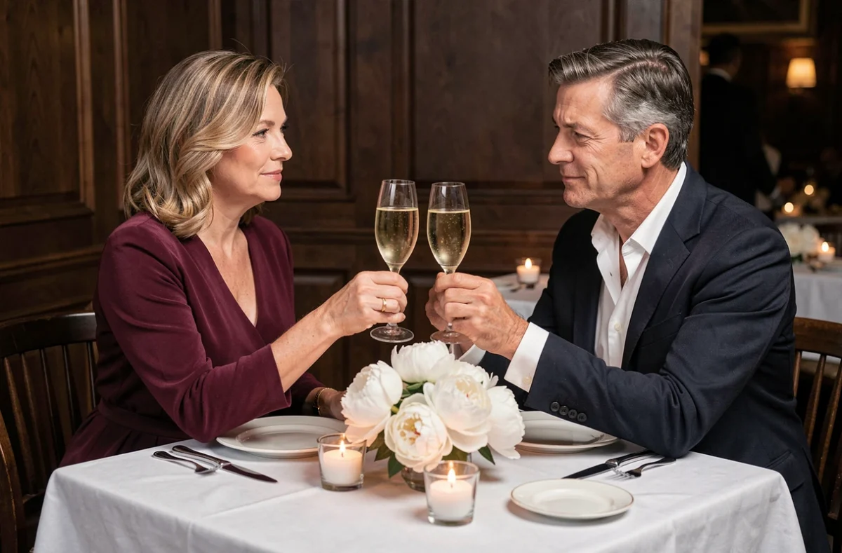 Couple dans la quarantaine portant un toast au champagne lors d'un dîner d'anniversaire de mariage élégant, regard complice et atmosphère intime